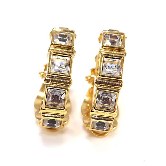 Swarovski Swan Logo Clip Earrings Gold Plated Square Crystal Rhinestone Vintage - Picture 8 of 10